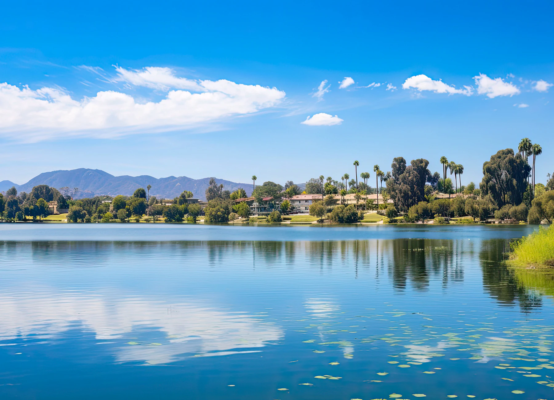 Lake Mission Viejo with palms, homes, and Saddleback Mountain beyond