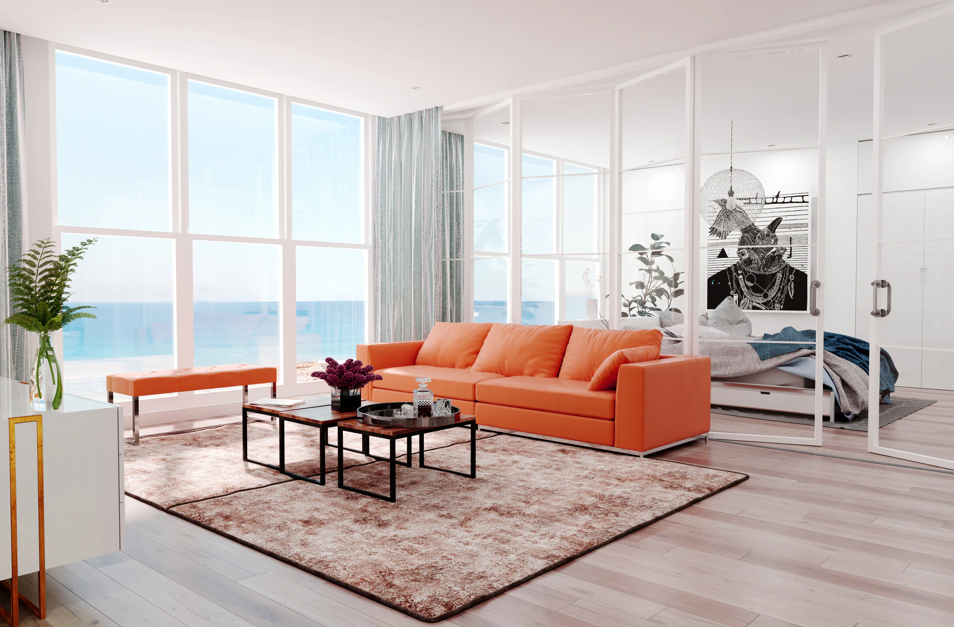 Bright modern living room with expansive windows