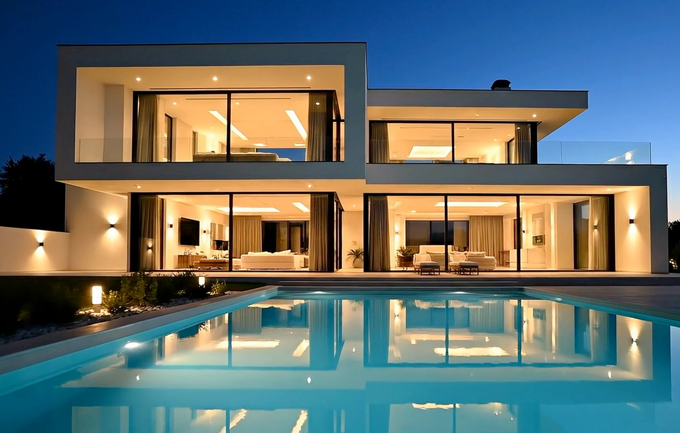 Modern luxury home illuminated beside a pool